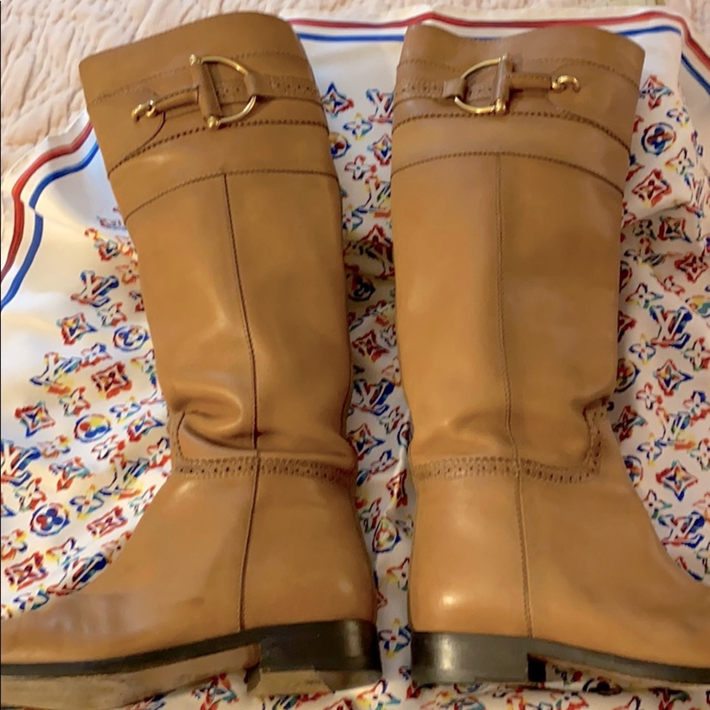 GUCCI Tan Leather Riding Boots w/Buckle, Sz. 37/7